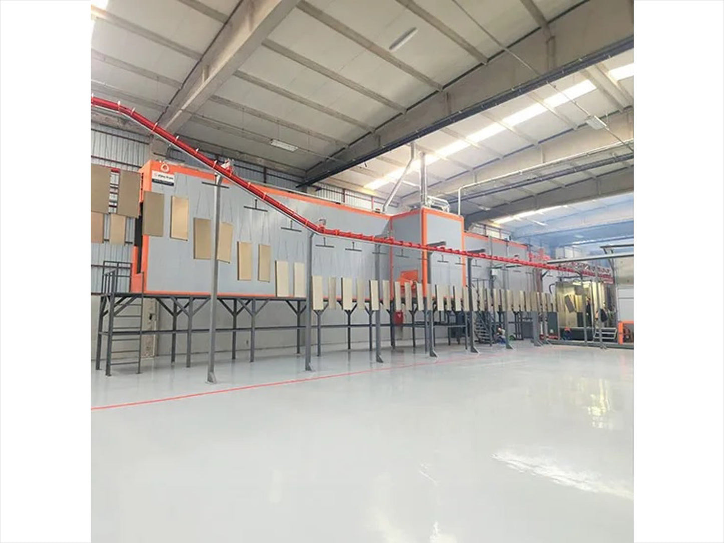 Curing oven with powder coating booths and robot systems for automated conveyor systems