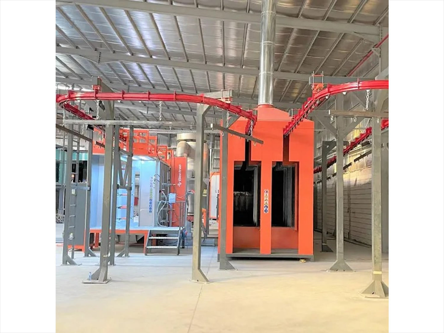 Curing oven with powder coating booths and robot systems for automated conveyor systems