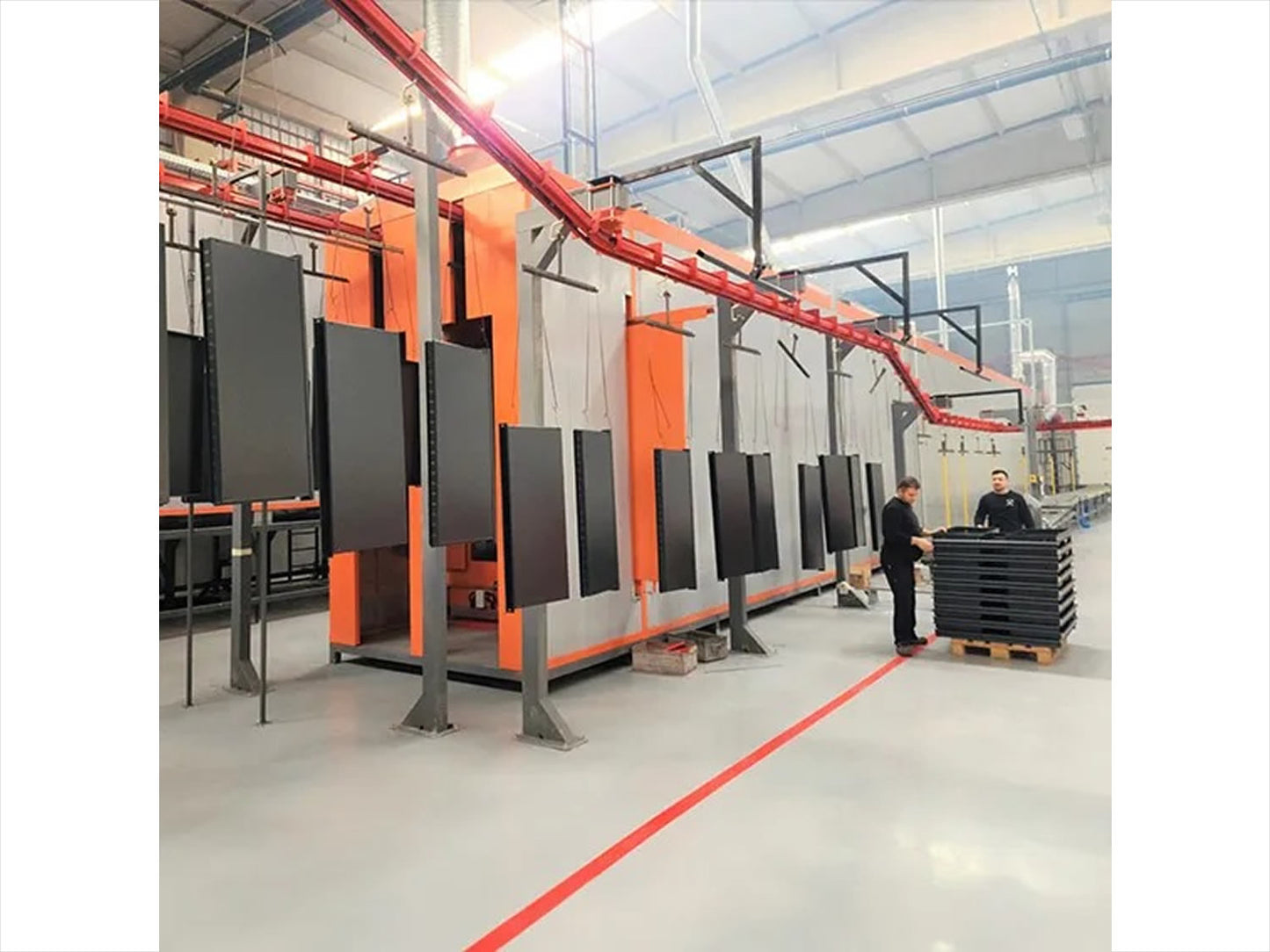 Curing oven with powder coating booths and robot systems for automated conveyor systems